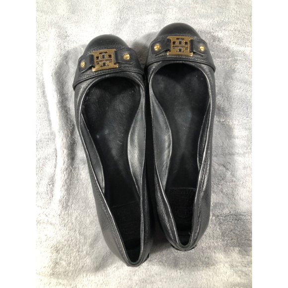 Tory Burch Black Leather Clines Ballet Flats Shoes Slip on Gold Buckle sz 10 1/2 - Picture 1 of 4